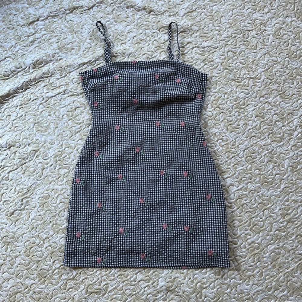 Lulus Fairgrounds Black and White Gingham Floral Embroidered Dress Size Small